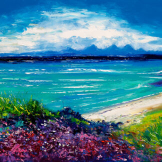 A vibrant, impressionistic painting of a seaside landscape with vivid blue skies and turquoise water, accented by colorful foliage in the foreground. By John Lawrie Morrison OBE